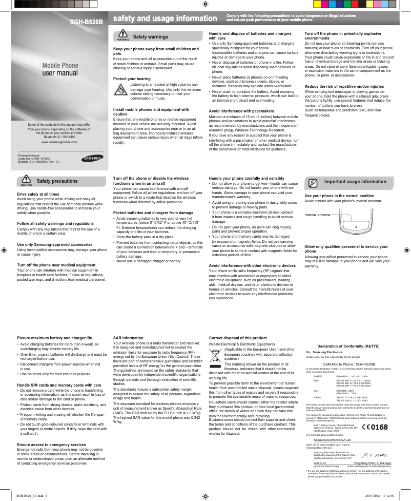 Page 1 of the manual User Manual Samsung SGH-B520B