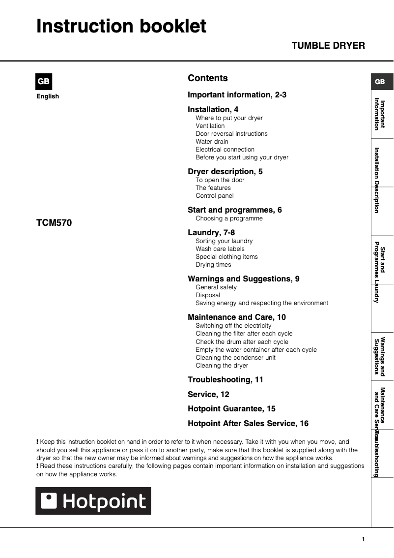 Page 1 of the manual User Manual Hotpoint TCM570G