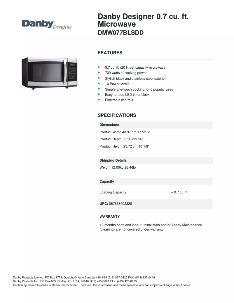 Page 1 of the manual Technical Sheet Danby DMW077BLSDD