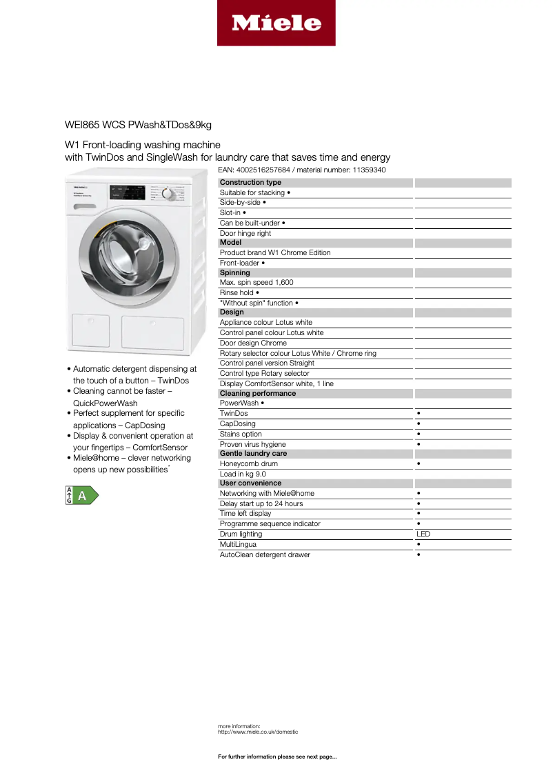 Page 1 of the manual Technical Sheet Miele WEI 865 WCS