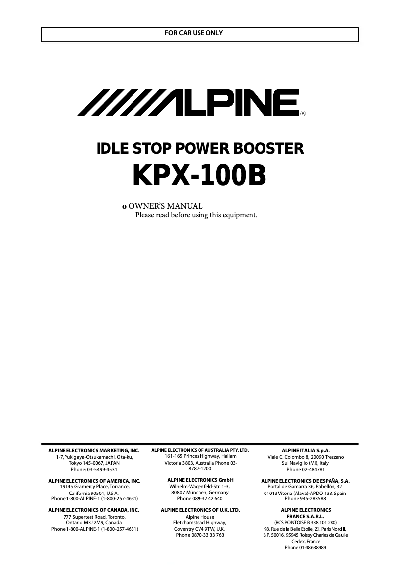 Page 1 of the manual User Manual Alpine KPX-100B