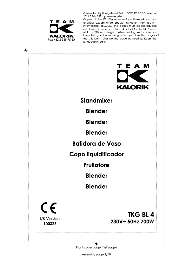 Page 1 of the manual User Manual Kalorik TKG BL 4