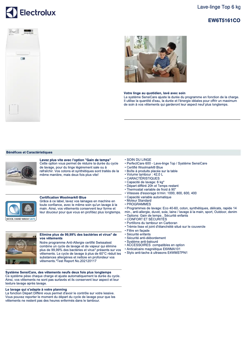 Page 1 of the manual Technical Sheet Electrolux EW6T5161CO