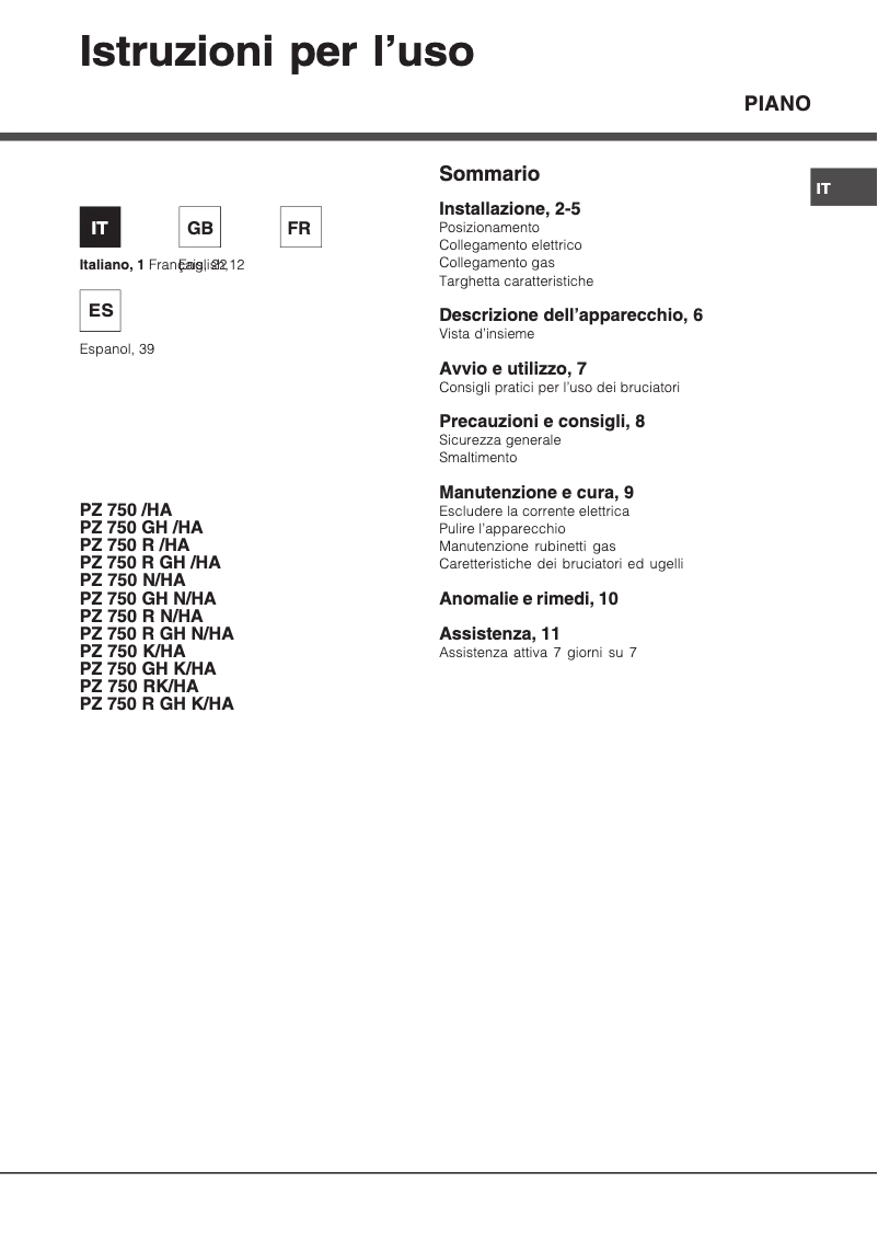 Page 1 of the manual User Manual Hotpoint PZ 750 GH K /HA