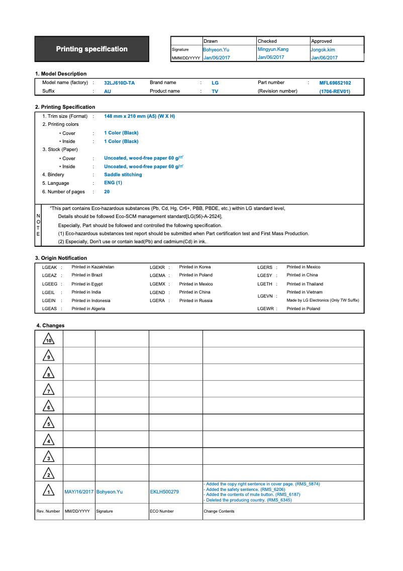 First page image of the manual for 43LJ554T