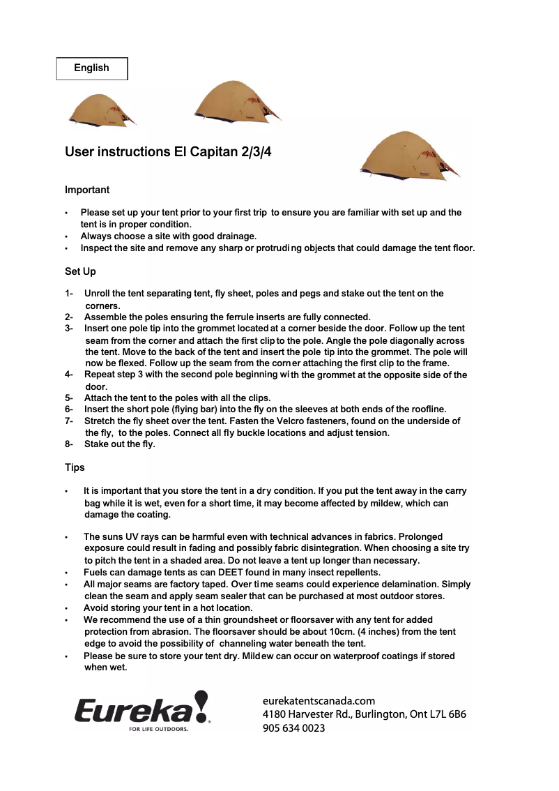 Page 1 de la notice Manuel utilisateur Eureka El Capitan 2