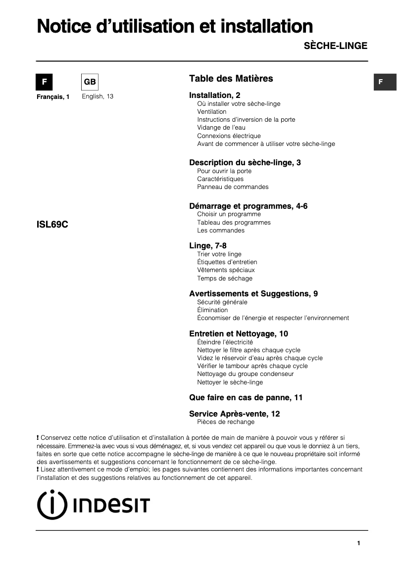 Page 1 of the manual User Manual Indesit ISL 69 C (FR)