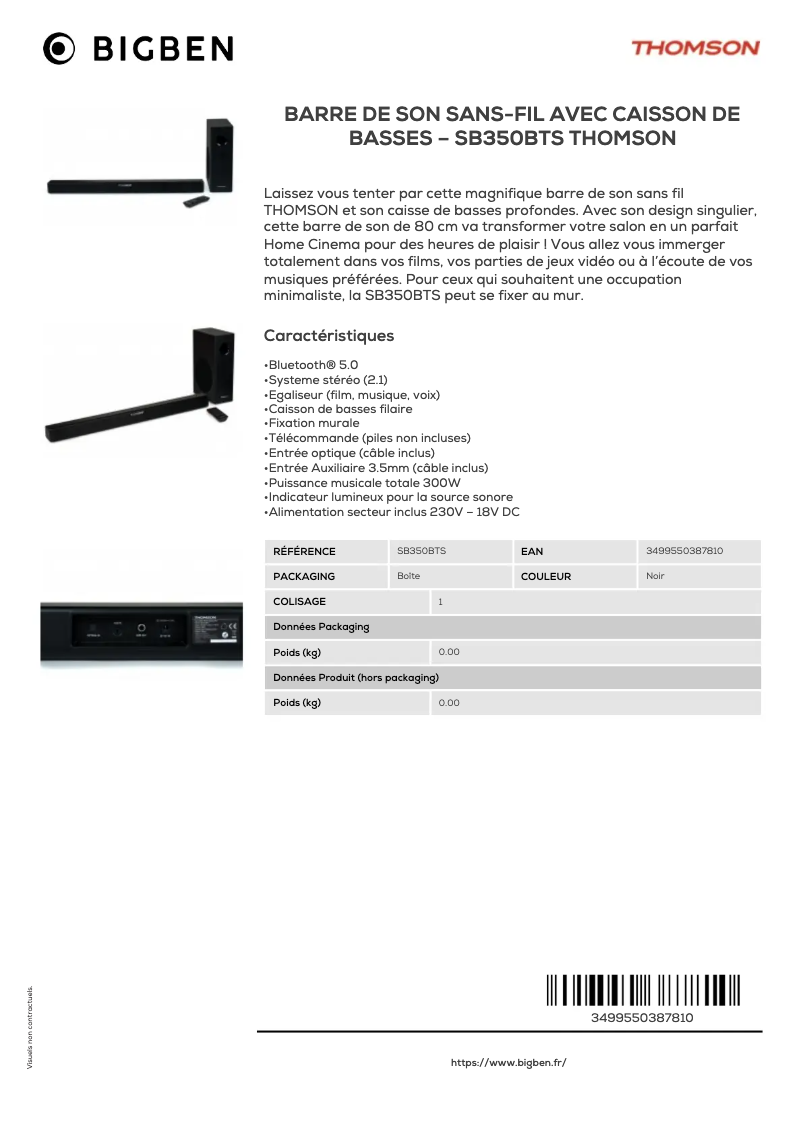 Page 1 of the manual Technical Sheet Thomson SB350BTS
