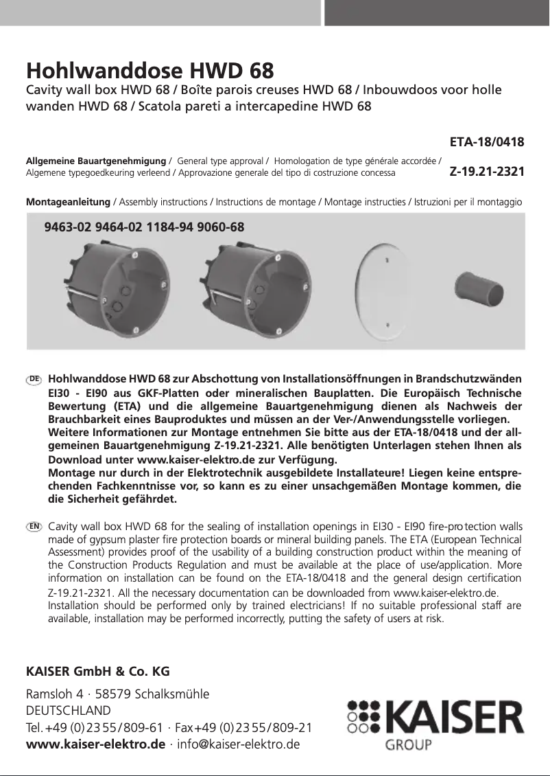First page image of the manual for HWD 68