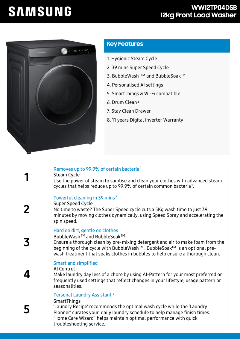 Page 1 of the manual Technical Sheet Samsung WW12TP04DSB