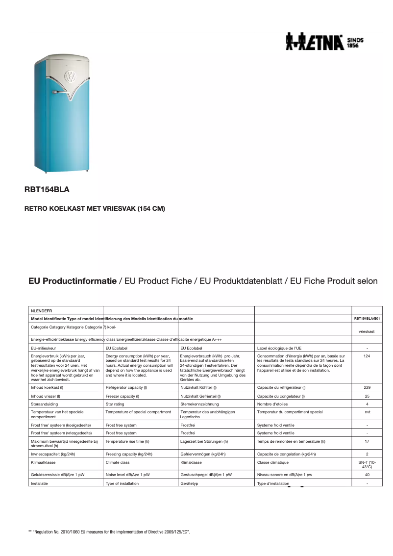Page 1 of the manual Technical Sheet Etna RBT154BLA