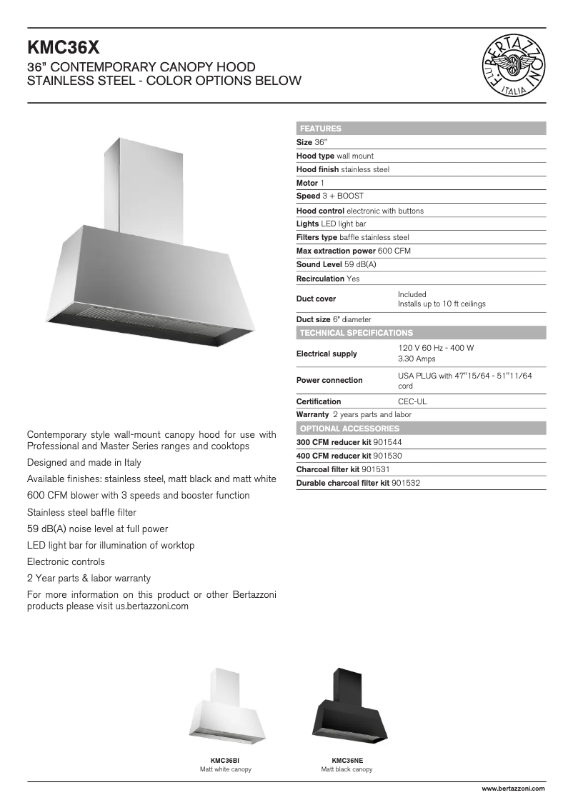 Page 1 of the manual Technical Sheet Bertazzoni KMC36BI