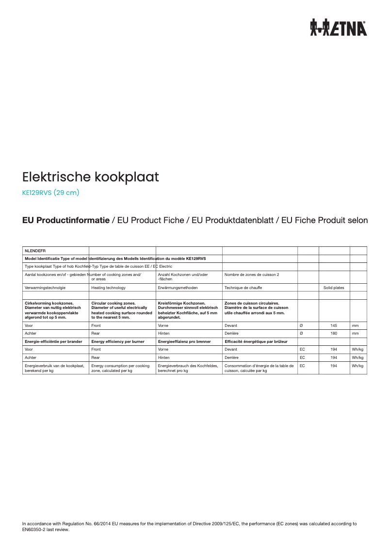 Page 1 of the manual Technical Sheet Etna KE129RVS