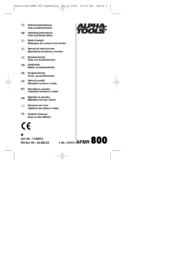 Page 1 of the manual User Manual Alpha Tools AFMR 800