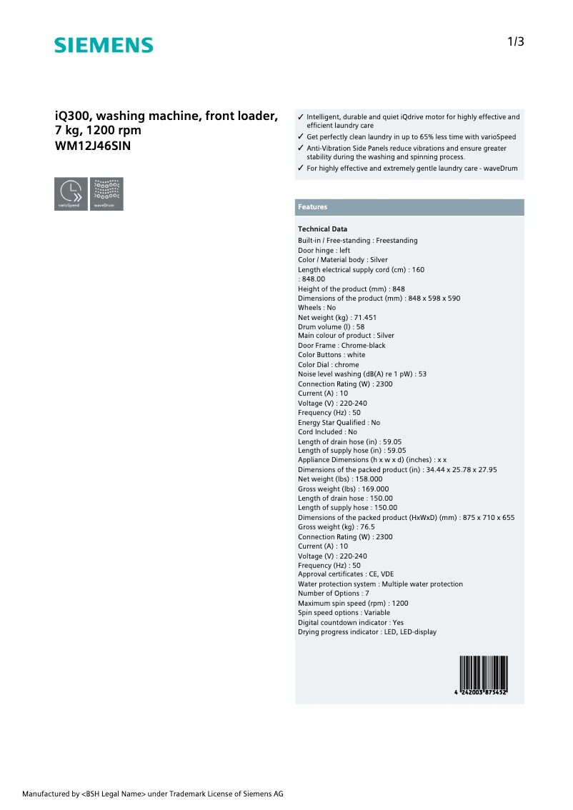 First page image of the manual for WM12J46SIN