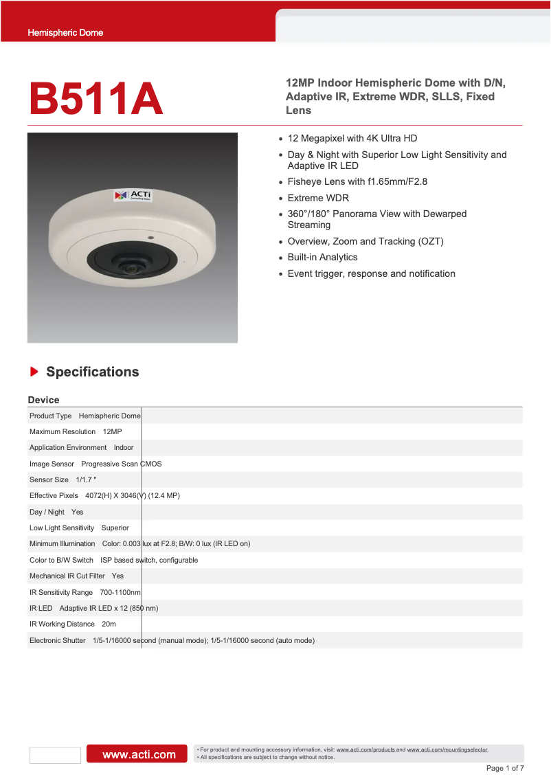 Page 1 of the manual Technical Sheet ACTi B511A