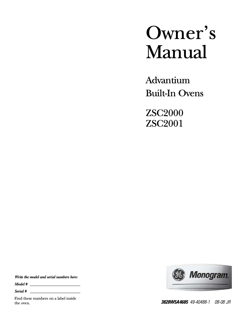 Page 1 of the manual Use and Maintenance Manual GE ZSC2000FBB