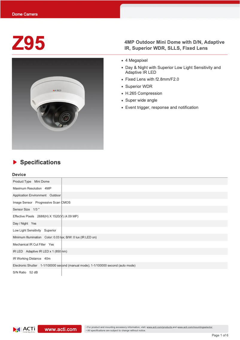 Page 1 of the manual Technical Sheet ACTi Z95