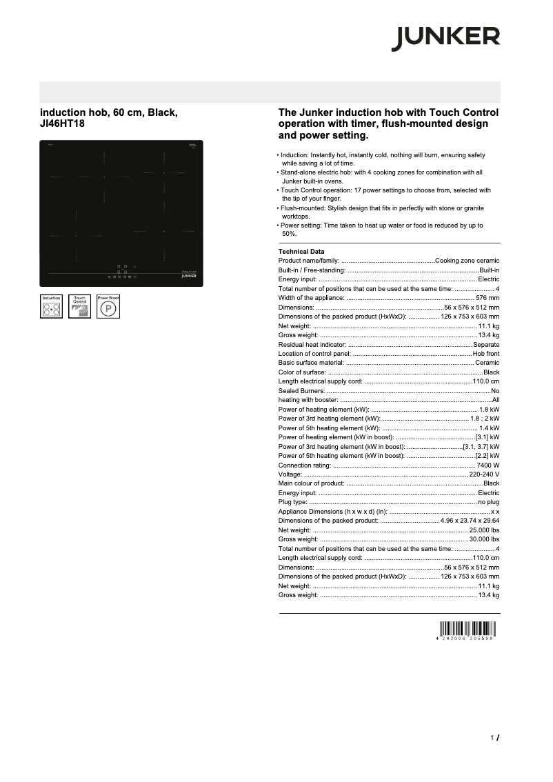 Page 1 of the manual Technical Sheet Junker JI46HT18