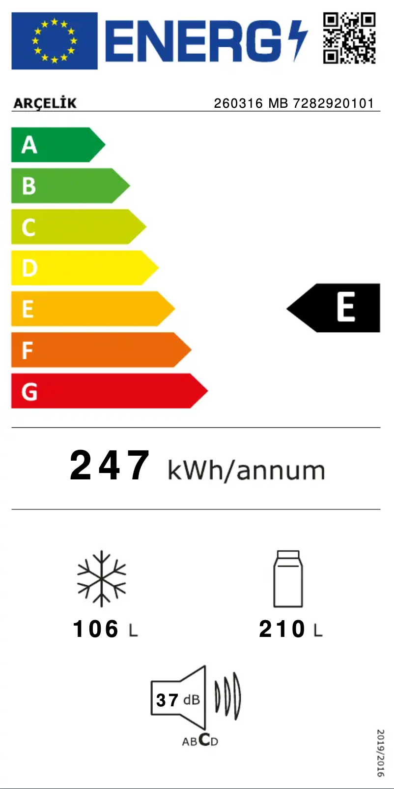 Page 1 of the manual Energy Label Arçelik 260316 MB