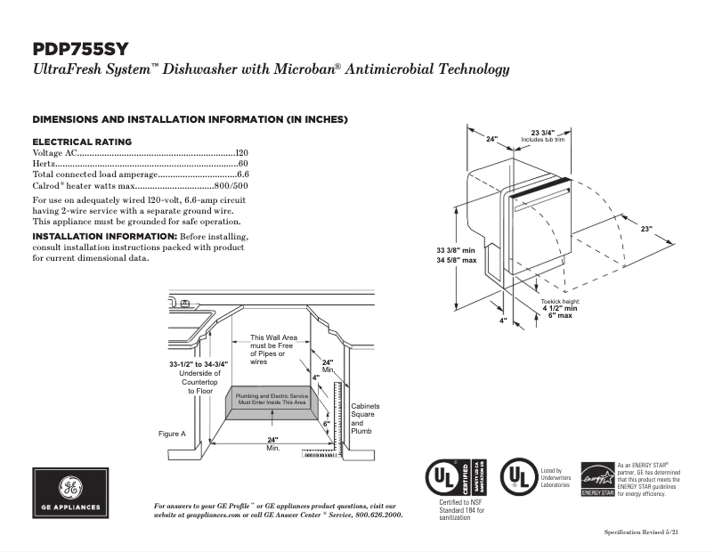 Page 1 of the manual Technical Sheet GE Profile PDP755SYRFS
