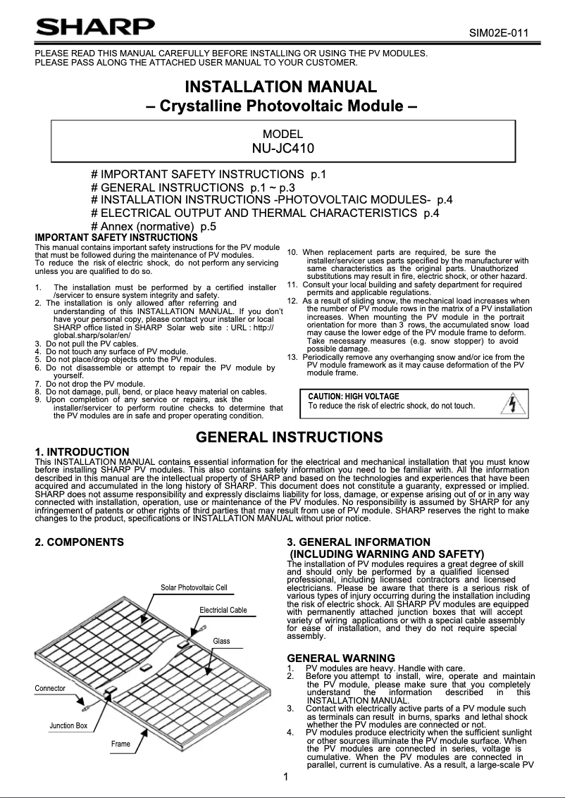 Page 1 of the manual User Manual Sharp NUJC410