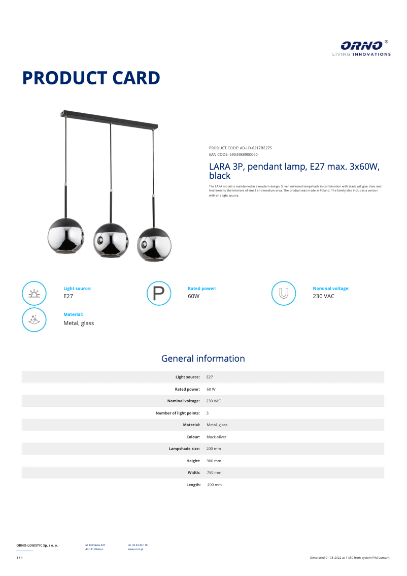 Page 1 of the manual Technical Sheet Adviti AD-LD-6217BE27S