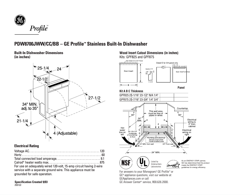 Page 1 of the manual Technical Sheet GE Profile PDW8700JCC
