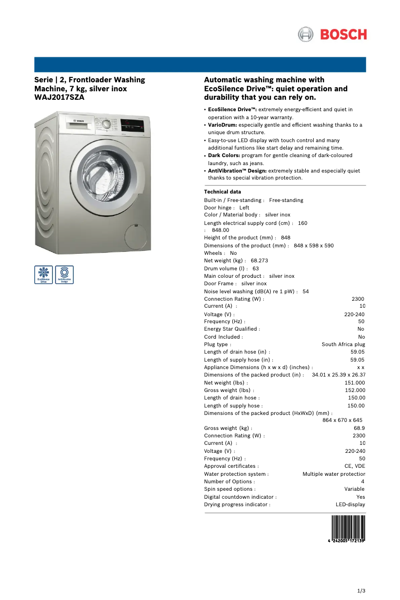 First page image of the manual for WAJ2017SZA