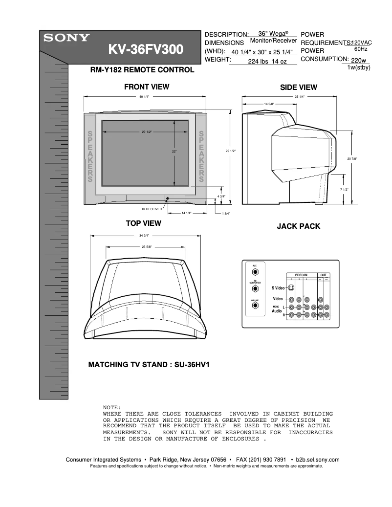 Page 1 of the manual Installation Guide Sony KV-36FV300