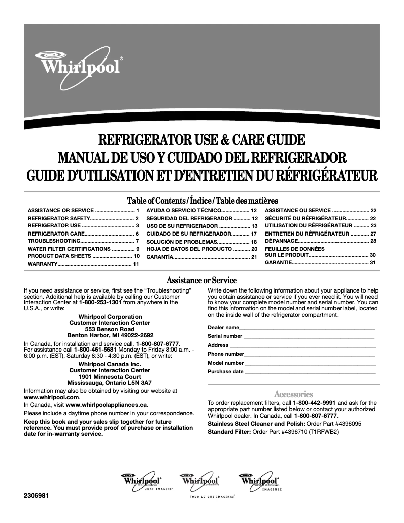 Page 1 of the manual User Manual Whirlpool GC5SHAXVY