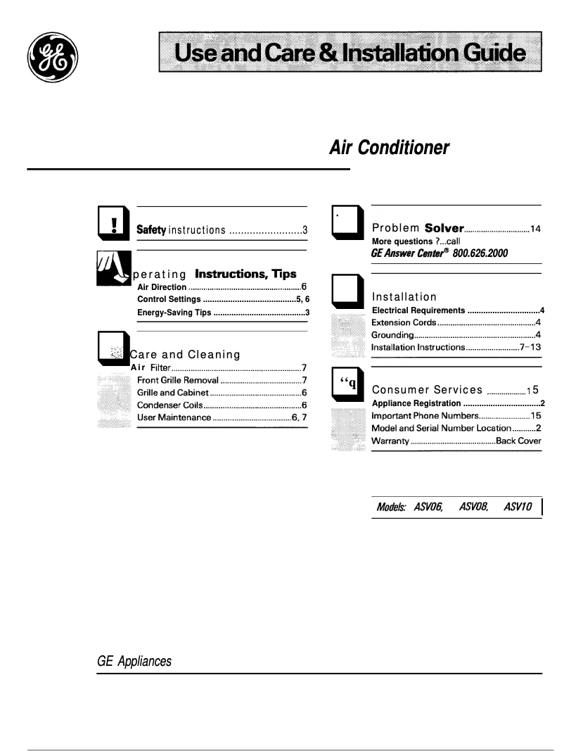 First page image of the manual for ASV06LC