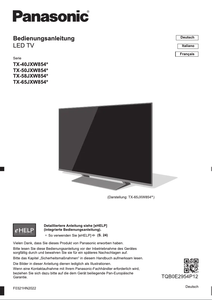 First page image of the manual for TX-65JXW854
