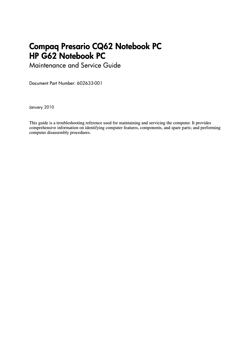 Page 1 of the manual User Manual HP Compaq Presario CQ62-220EV