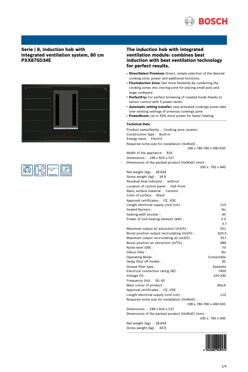 Page 1 of the manual Technical Sheet Bosch Serie 8 PXX875D34E