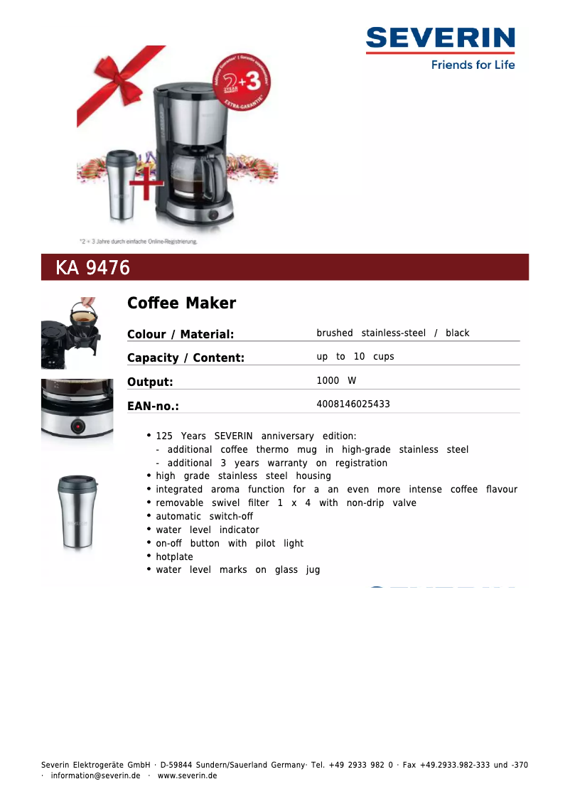 Page 1 of the manual Technical Sheet Severin KA 9476