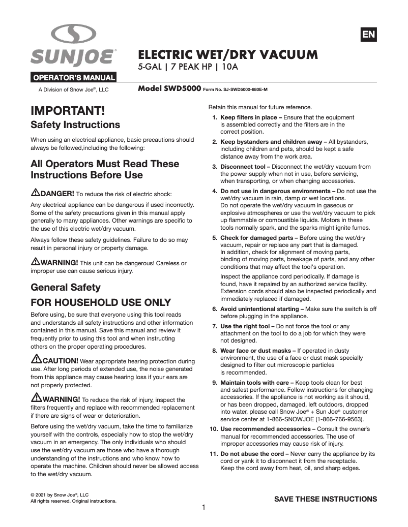 Page 1 of the manual User Manual Sun Joe SWD5000