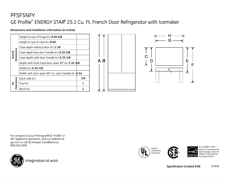 Page 1 of the manual Technical Sheet GE Profile PFSF5NFYCC