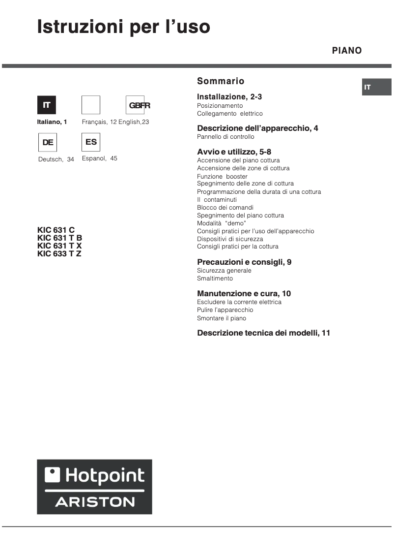 First page image of the manual for KIC 631 C
