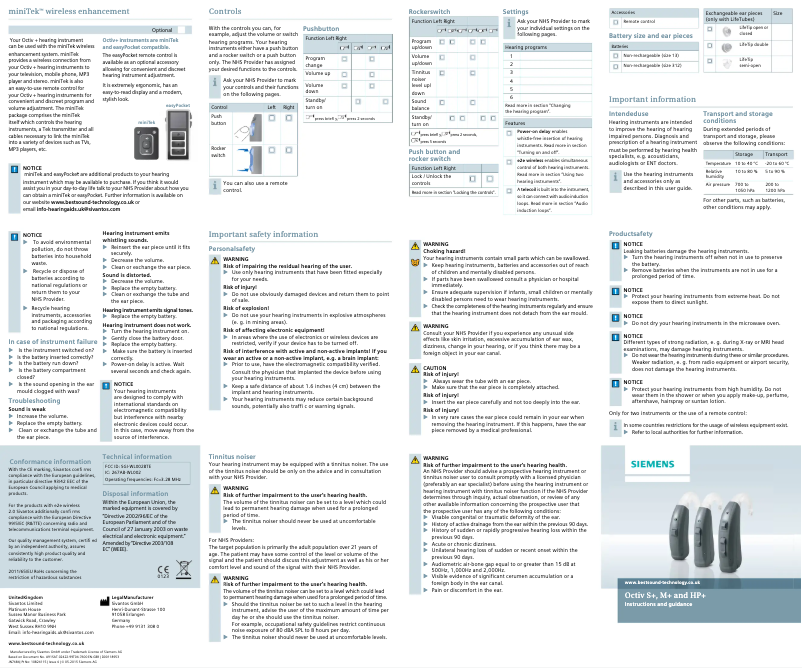 First page image of the manual for Octiv HP+