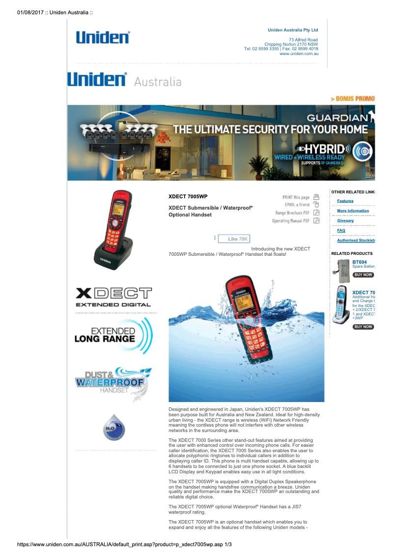 Page 1 of the manual User Manual Uniden XDECT 7005WP