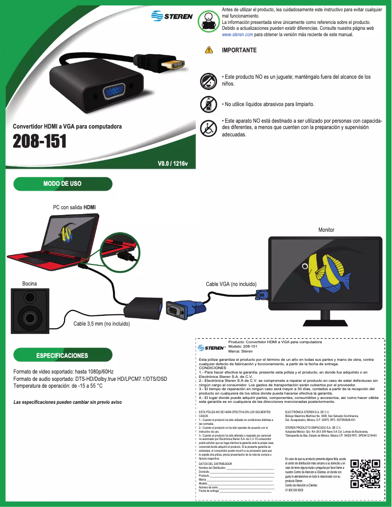 Page 1 of the manual User Manual Steren 208-151