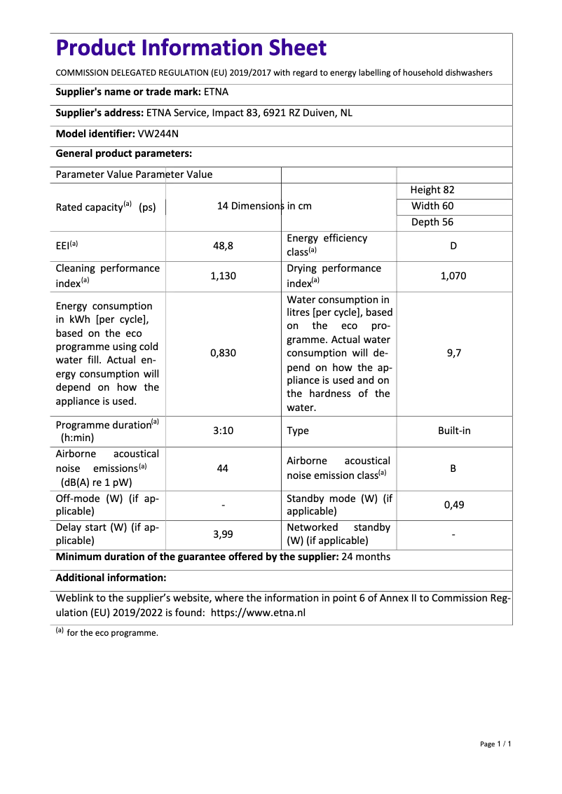First page image of the manual for VW244N