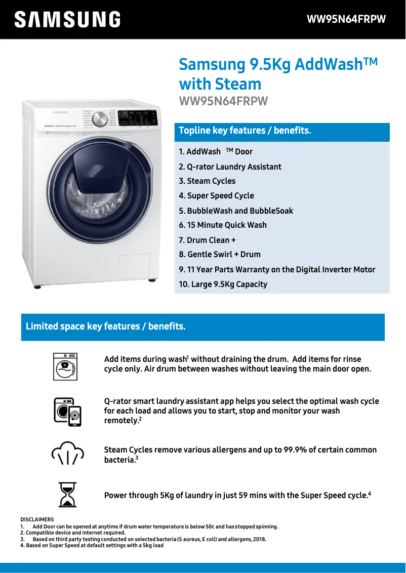 Page 1 of the manual Technical Sheet Samsung WW95N64FRPW