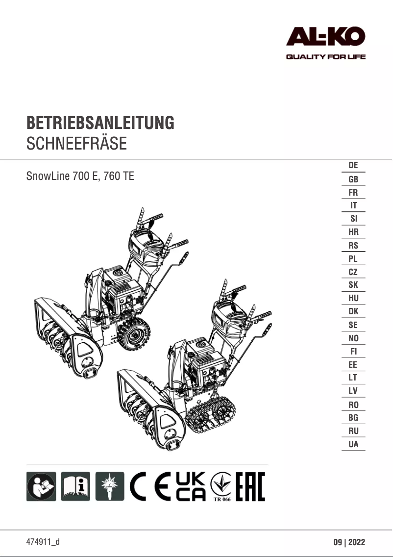 Page 1 of the manual User Manual AL-KO SnowLine 760 TE