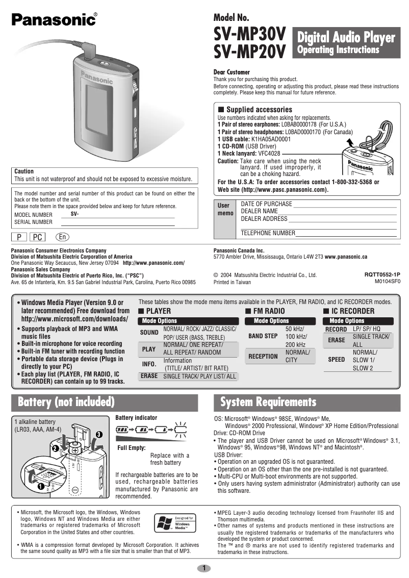 Page 1 of the manual User Manual Panasonic SV-MP20V