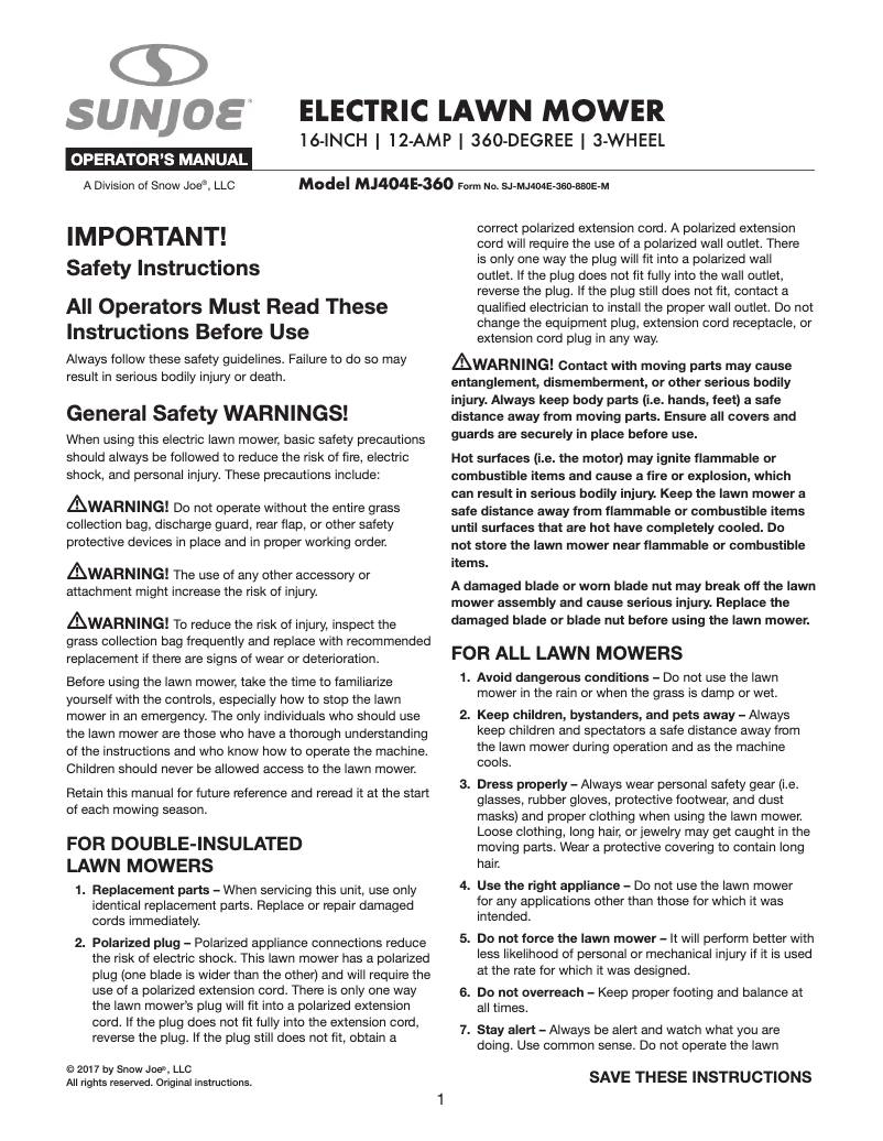 Page 1 of the manual User Manual Snow Joe MJ404E-360