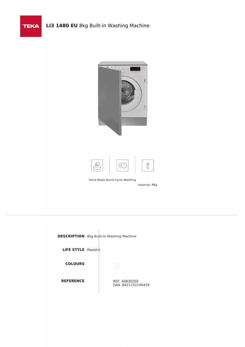 Page 1 of the manual Technical Sheet Teka LI3 1480 EU