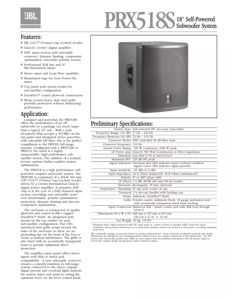 Page 1 of the manual Technical Sheet JBL PRX518S