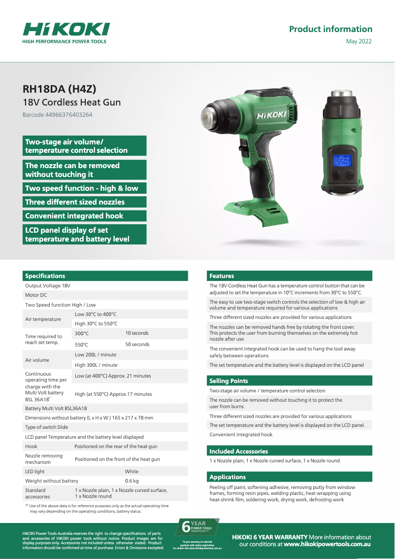 Page 1 of the manual Technical Sheet HiKOKI RH18DA